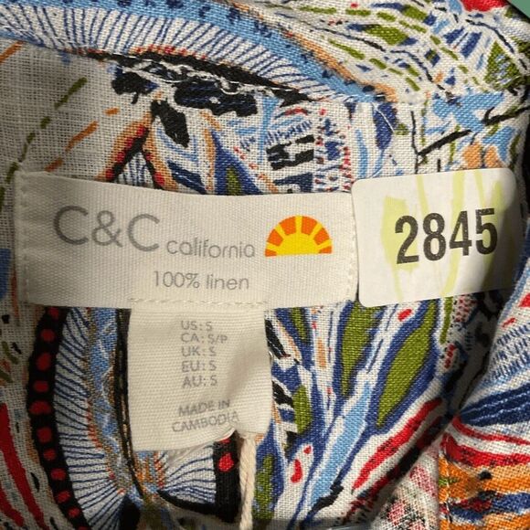 NWT C&C California 100% Linen Short Sleeve Button Up Shirt Women Size S Blue - Picture 2 of 10